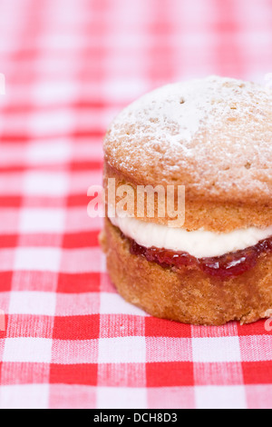 Homemade mini Victoria sandwich cake on a checked background. Stock Photo