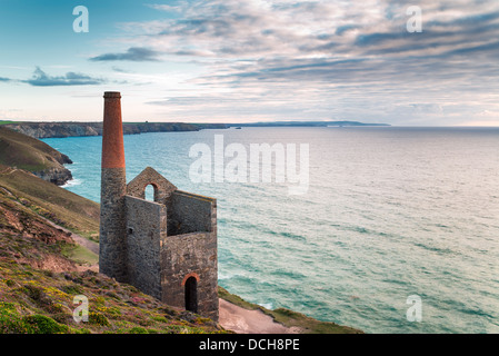 The coast at St Agnes in Cornwall with the Wheal Coates tin mine perched on the edge of the cliffs. Stock Photo