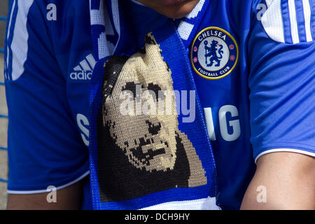 London, UK. 18th Aug, 2013.  Chelsea football fans welcome back Jose Mourinho as the special one takes charge of his first game as Chelsea manager in the English premier league against Hull FC at Stamford bridge Stock Photo