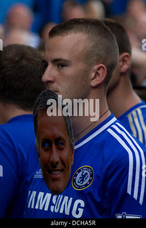 London, UK. 18th Aug, 2013.  Chelsea football fans welcome back Jose Mourinho as the special one takes charge of his first game as Chelsea manager in the English premier league against Hull FC at Stamford bridge Stock Photo