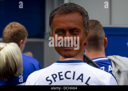 London, UK. 18th Aug, 2013.  Chelsea football fans welcome back Jose Mourinho as the special one takes charge of his first game as Chelsea manager in the English premier league against Hull FC at Stamford bridge Stock Photo