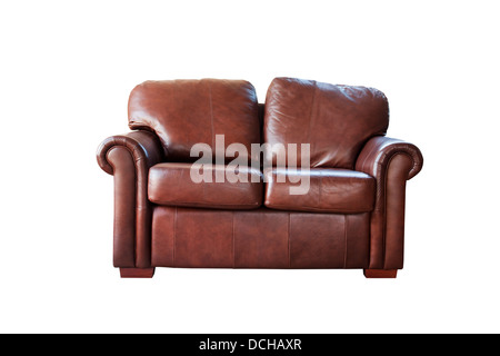 brown leather sofa cut out on white Stock Photo