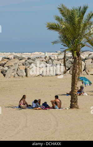Group of young people sitting in the shade of a palm tree on the beach of Puerto banus in Marbella. Costa del sol, Spain. Stock Photo