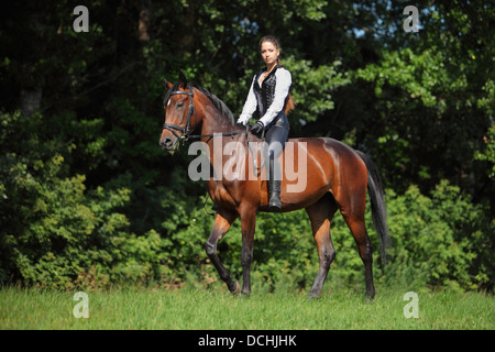 Portrait of young and pretty female unsaddle horse rider Stock Photo