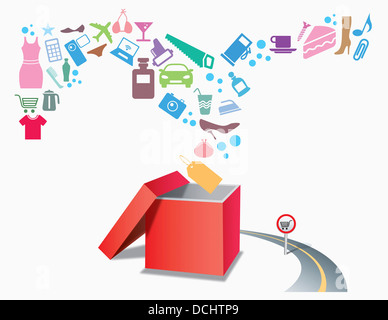 illustration of icons flying from red box Stock Photo