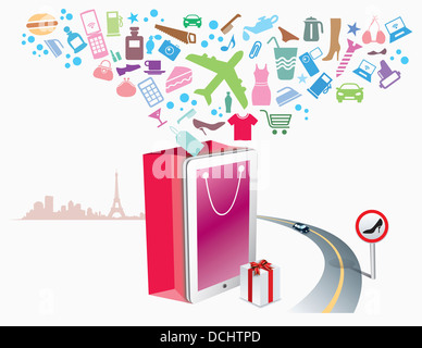 illustration of icons flying from shopping bag Stock Photo