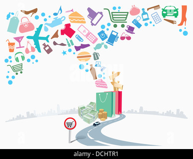 illustration of icons flying from shopping bag Stock Photo