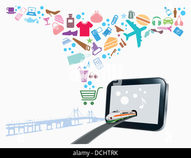 illustration of icons flying from tablet PC Stock Photo