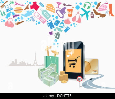 illustration of icons flying from shopping bag Stock Photo