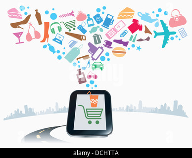 illustration of icons flying from tablet PC Stock Photo