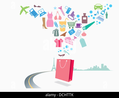 illustration of icons flying from shopping bag Stock Photo