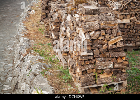 Stacks of fire wood laying on palettes Stock Photo