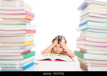 boring and tired little girl with many books Stock Photo