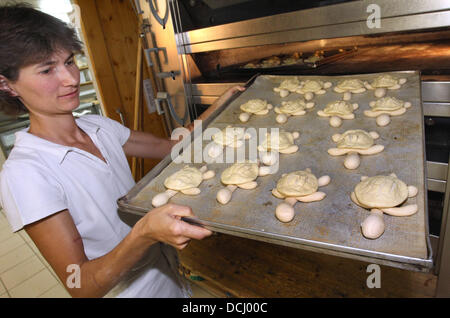 Kaufbeuren, Germany. 19th Aug, 2013. Baker Gudrun Koneberg takes turtle-shaped lye rolls from the oven in a bakery in Irsee near Kaufbeuren, Germany, 19 August 2013. After an eight year old boy was seriously injured after allegedly being bitten by alligator snapping turtle Lotti, there is a great demand for the turtle pastries. Photo: KARL-JOSEF HILDENBRAND/dpa/Alamy Live News Stock Photo