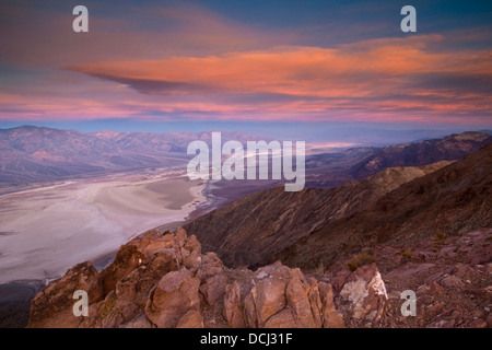 Morning light and clouds over saltpan at Badwater Basin, from Dantes View, Death Valley National Park, California Stock Photo