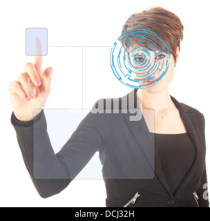 Young woman with security iris and fingerprint scan isolated on white background Stock Photo