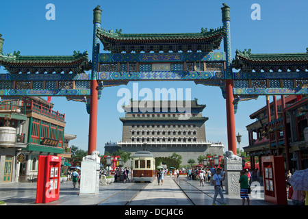 Newly rebuilt decorated archway in front of Zhengyangmen Gate at Qianmen Street in Beijing 2013 Stock Photo
