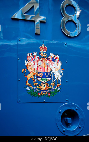 Close up of crest on the Dominion of Canada A4 Pacific steam engine train locomotive National Railway Museum York North Yorkshire England UK Stock Photo
