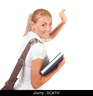 Closeup on happy student girl walking away and waving bye, isolated on white background, high school, time to learn Stock Photo