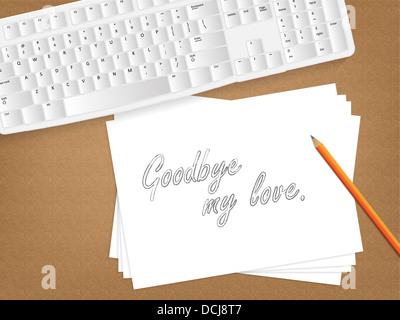 Computer keyboard, sheet of paper with the message on it and a pencil on table. Stock Photo