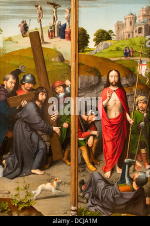 16th century  -  Christ Carrying the Cross, with the Crucifixion; The Resurrection, with the Pilgrims of Emmaus - Gerard David Stock Photo