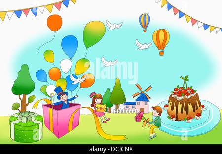 illustration of kids on a fancy land Stock Photo