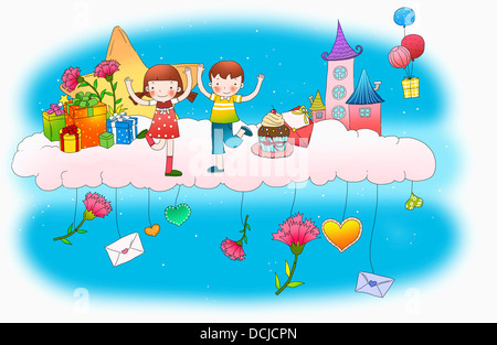 illustration of kids on a fancy land on a cloud Stock Photo