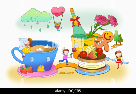 illustration of kids on a fancy land with food Stock Photo