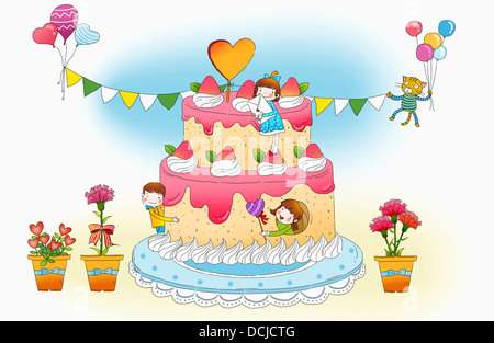 illustration of kids on a fancy land with cake Stock Photo