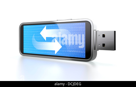 3D illustration of flash drive with blue screen which shows data transfer Stock Photo