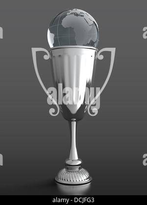 3D render of silver trophy cup with glass globe on black background Stock Photo