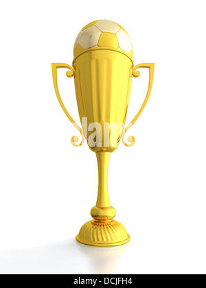 Bronze trophy cup and soccer ball or football on gray background with ...