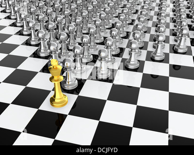 Golden chess king leading silver pawns Stock Photo