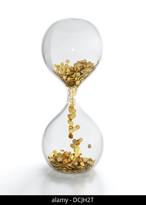 3D render of hourglass with golden coins on black table Stock Photo - Alamy
