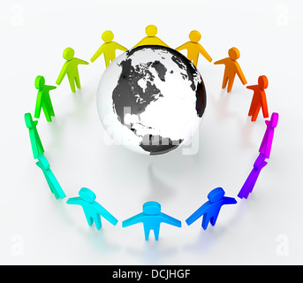 People in circle surrounding the Earth. Symbol of global communication. Stock Photo