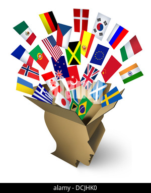 Global shipping solutions and delivery concept with an open package cardboard box shaped as a human head with flags of the world streaming out as a transportation and freight strategy icon of international business and trade. Stock Photo