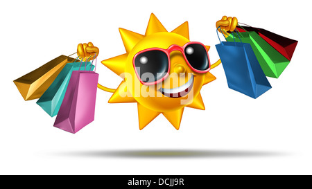 Summer shopping and buying fashion and gifts on vacation or during holidays as a bright sun character holding store bags as a concept and symbol of retail business and fun consumer leisure activity on white. Stock Photo