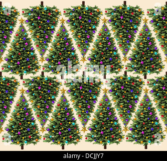 Christmas tree pattern with ornaments and a gold stars as a seamless border design for the winter holiday season as a holiday celebtration design element. Stock Photo