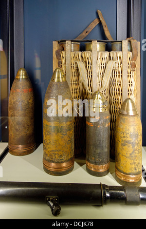 First World War One ammunition grenades and WW1 willow baskets / wicker shell carrier for transport of artillery shells Stock Photo