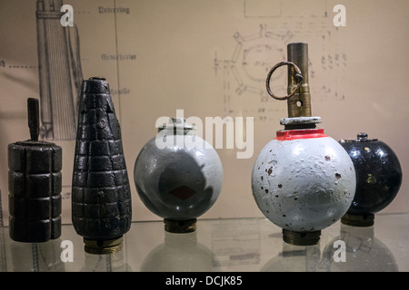 WWI hand grenades of the First World War One in the Memorial Museum Passchendaele 1917 at Zonnebeke, West Flanders, Belgium Stock Photo