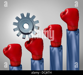 Competitive climb and overcoming adversity business concept and symbol for conquering challenges as a single gear or cog climbing a rising group of red boxing gloves representing competition. Stock Photo