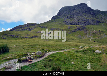 Harrison Stickle peak above Langdale in the Lake District National Park from the footpath by Stickle Tarn. Stock Photo