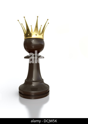 3D render of black pawn with golden crown isolated on white background. Stock Photo