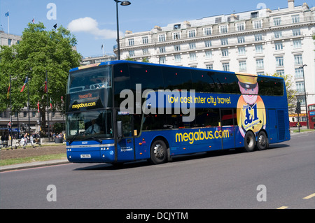 A Stagecoach group owned Megabus Van Hool TD927 Astromega double deck coach starts it journey from London to Newcastle Stock Photo