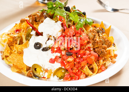 fresh nachos and vegetable salad with meat Stock Photo