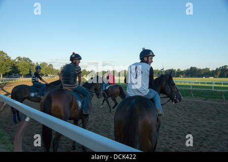 August 4, 2013. Saratoga Raceway, New York. Thoroughbred racing horses perform morning workouts at the Oklahoma Training Track. Stock Photo