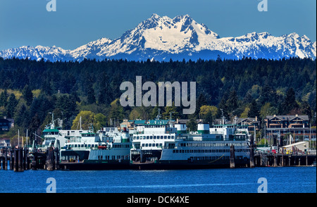 Bainbridge Island Ferry Dock Puget Sound Mount Olympus  Olympic National Park Kitsap County Washington State Pacific Northwest Stock Photo