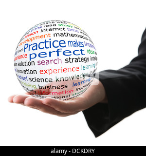 Sphere with inscription Practice makes perfect in a hand Stock Photo