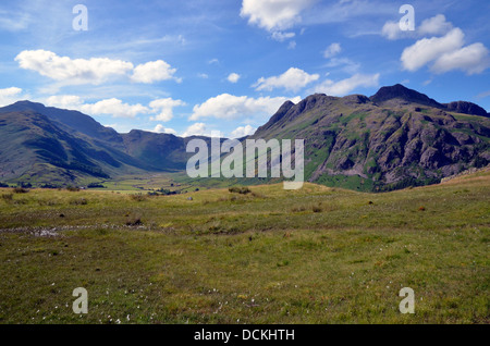 The Langdale Pikes and upper Langdale valley seen looking back from the Blea Tarn road.