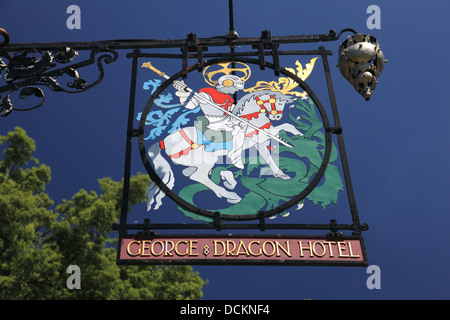 Sign outside the George and Dragon pub, an 18th century inn in the pretty village of Great Budworth, near Northwich in Cheshire